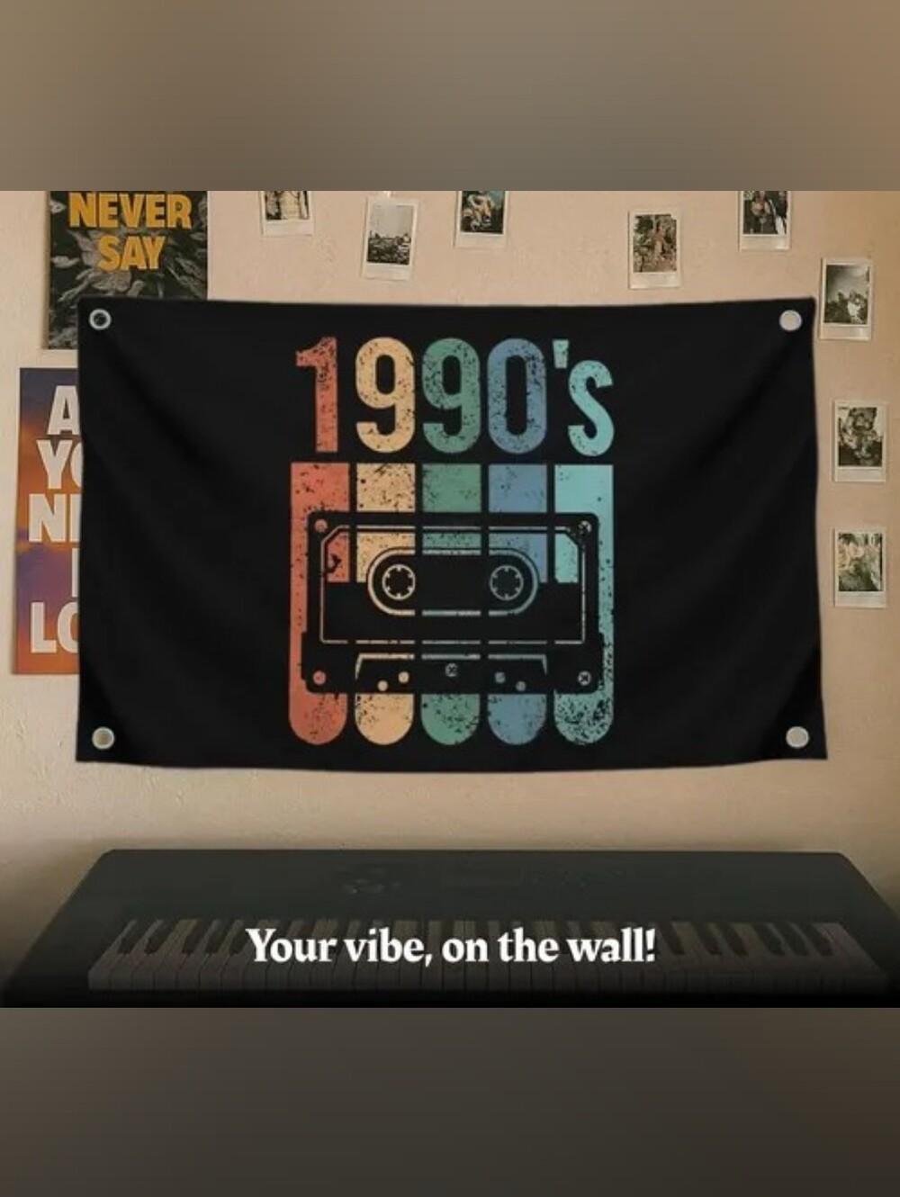 1990's Cassette Tape Wall Flag/ Banner Black background MetalnGrommets Colorful